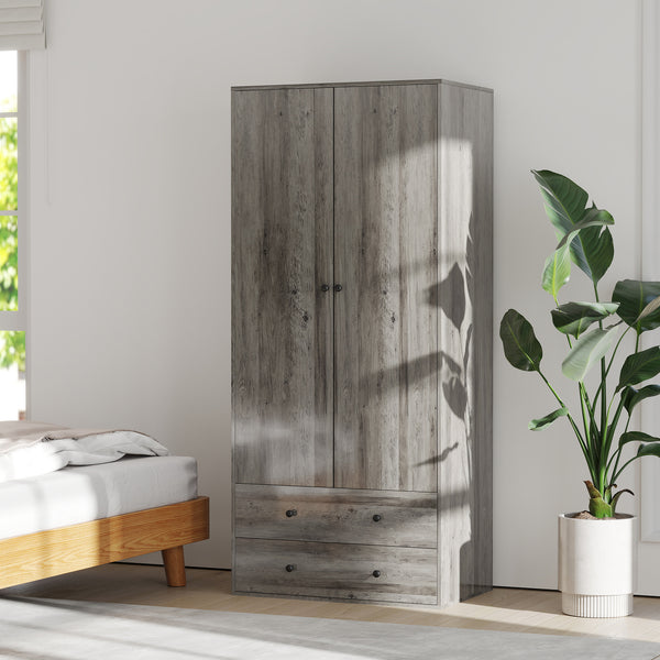 Armoire penderie moderne avec 2 tiroirs et tringle de suspension, gris