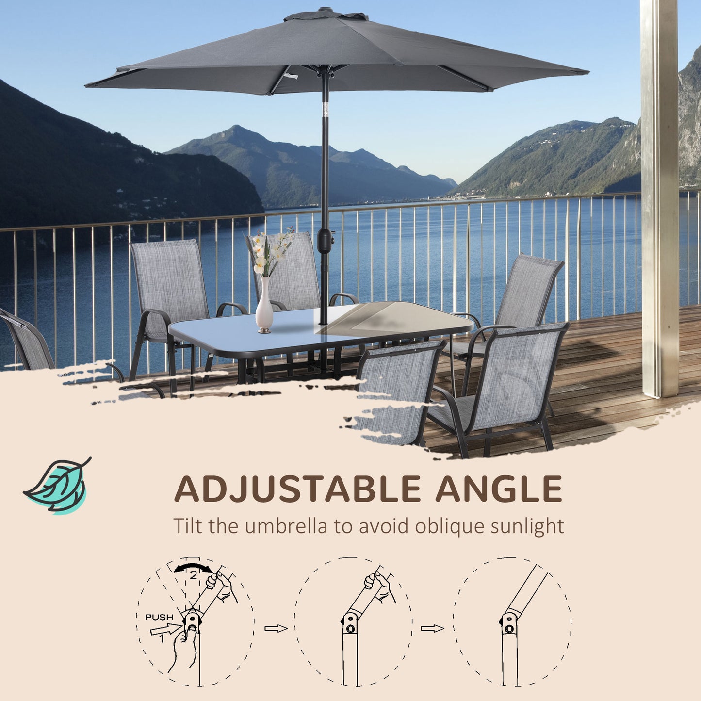 8 Piece Dining Set with Umbrella, 6 Chairs and Table, Grey