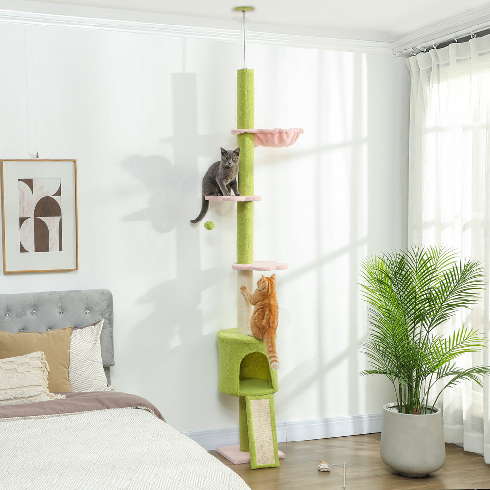 Arbre à chat de 221 à 241 cm, du sol au plafond, avec griffoir, condo et hamac, vert
