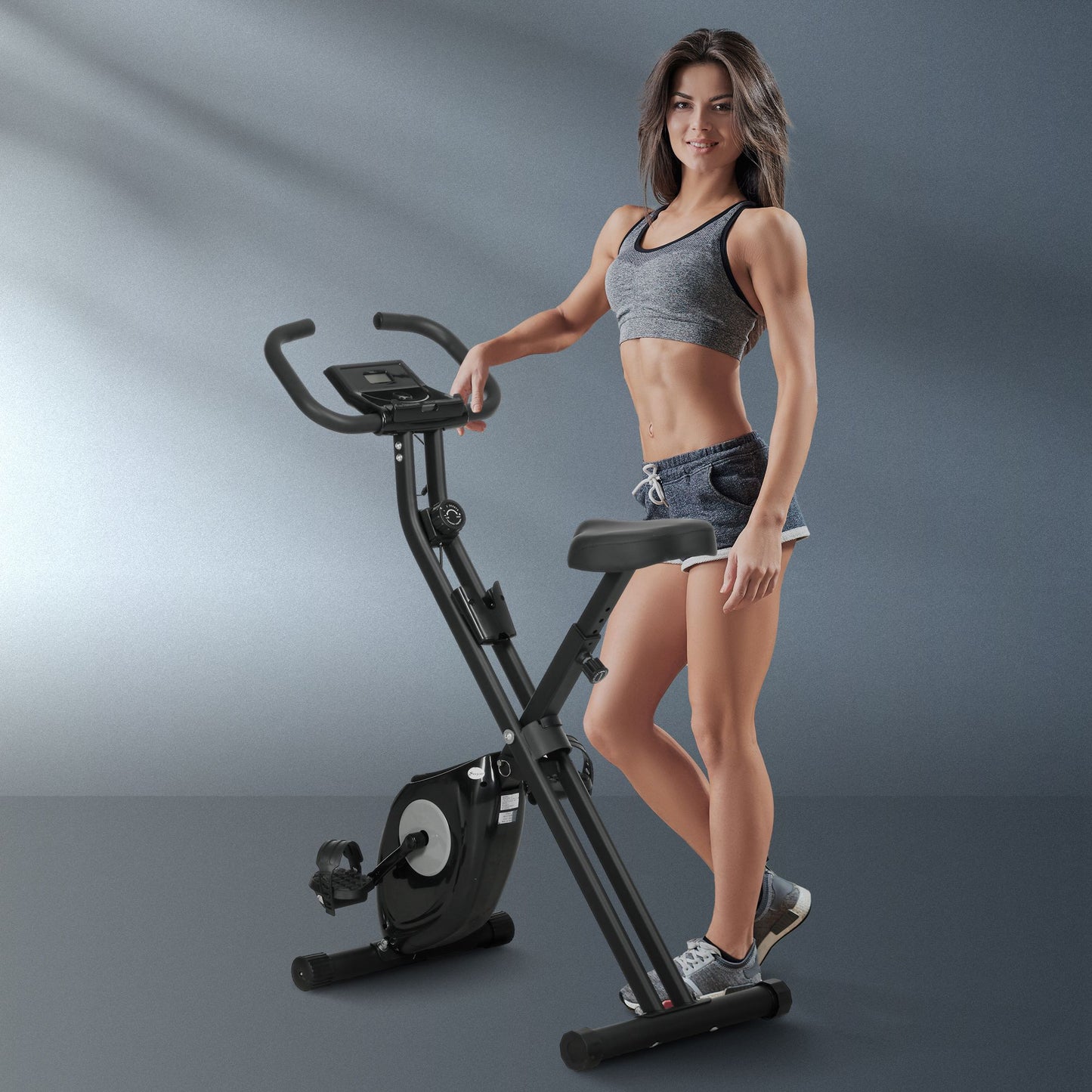 Vélo d'appartement pliable avec résistance magnétique à 8 niveaux, écran LCD, support de téléphone pour salle de sport à domicile, noir