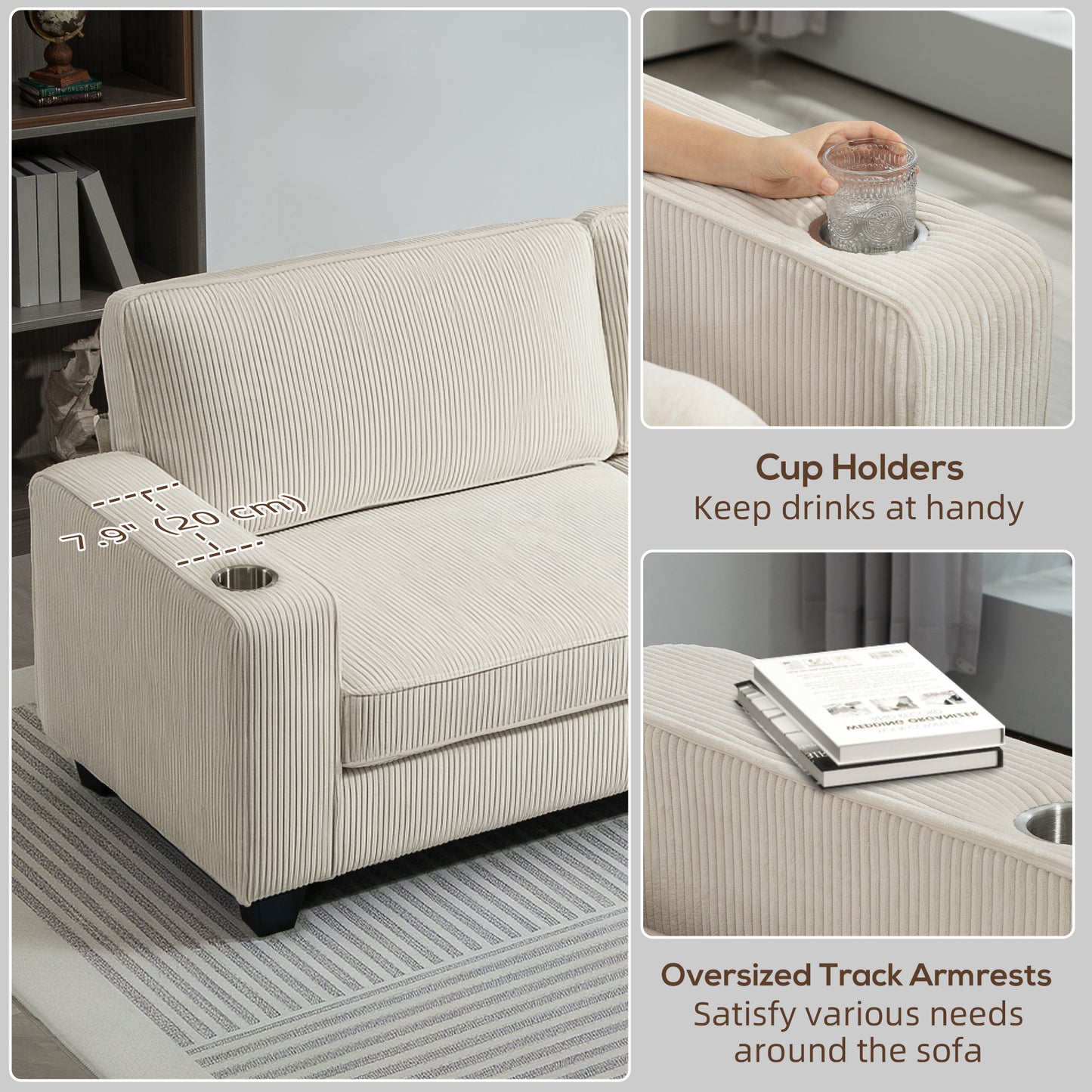 Canapé 3 places en tissu avec coussin à ressorts et porte-gobelets pour salon, chambre, blanc crème