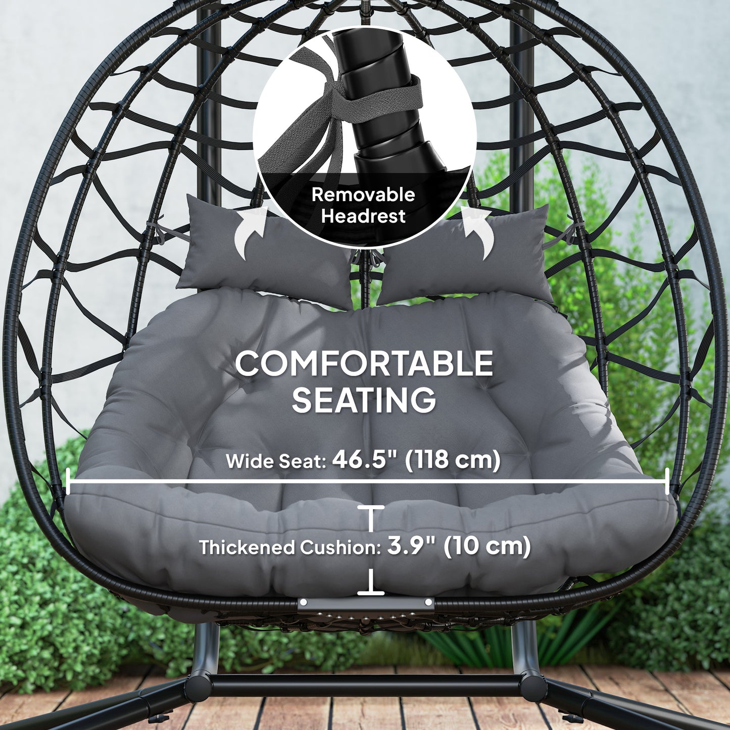 Outsunny Balancelle double en osier avec auvent, pliable et suspendue, avec appui-tête et coussin, noir