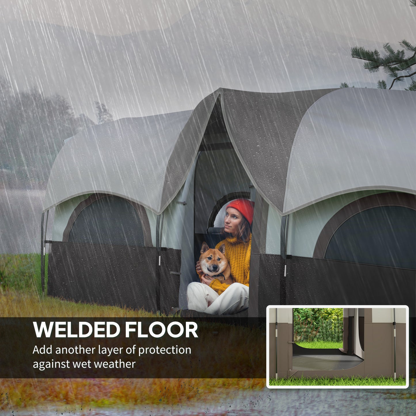 Outsunny 4-6 Person Camping Tent, 3 Room Cabin Tent, 3000mm Waterproof & UPF 30+, with Sewn-in Groundsheet & Carry Bag, Khaki