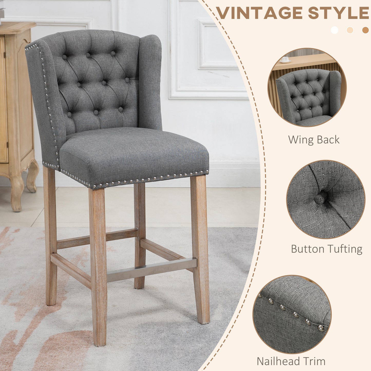 Lot de 2 tabourets de bar rembourrés, avec dossier clouté et repose-pieds, gris