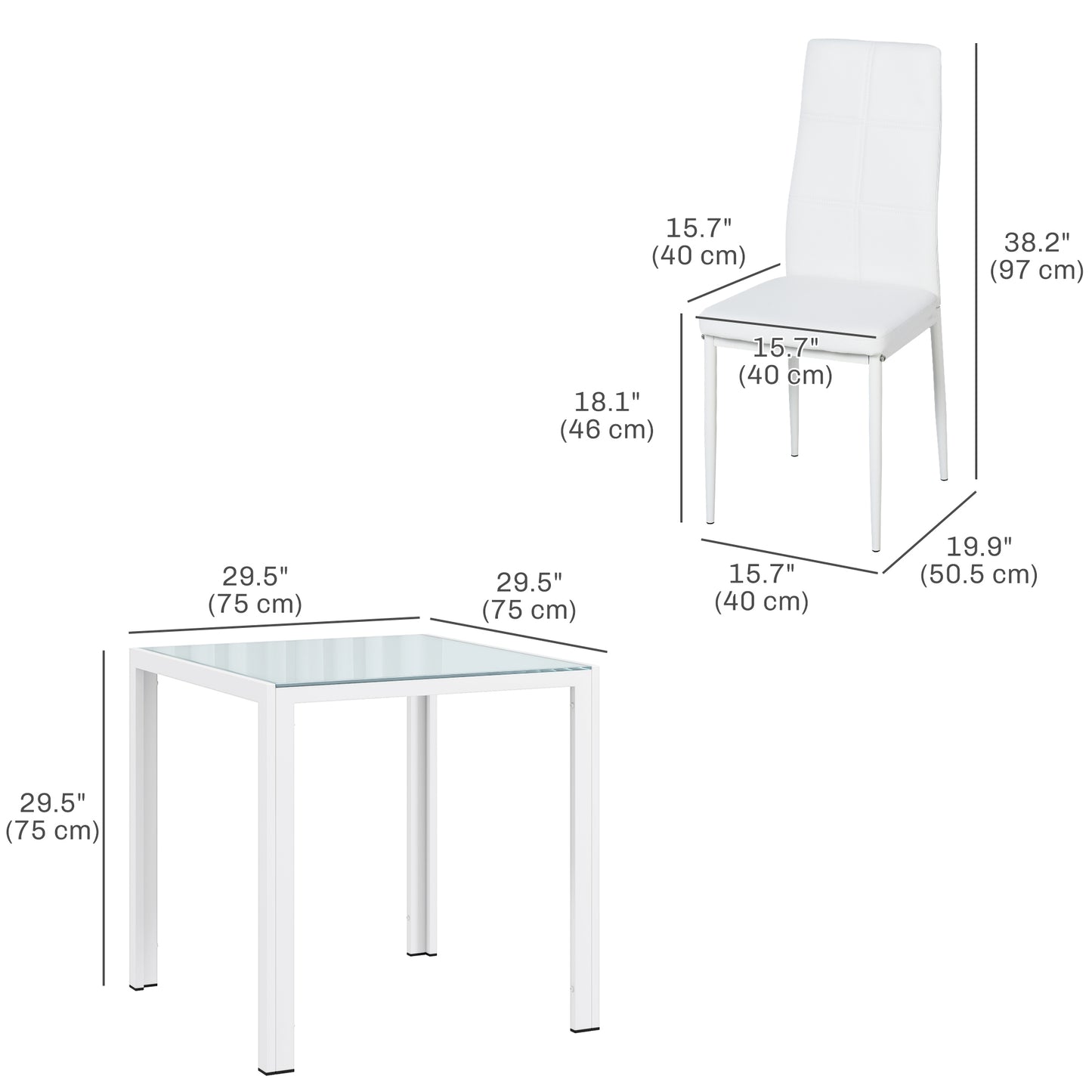 Ensemble de tables et chaises en verre avec structure en métal et revêtement en similicuir pour salle à manger, blanc