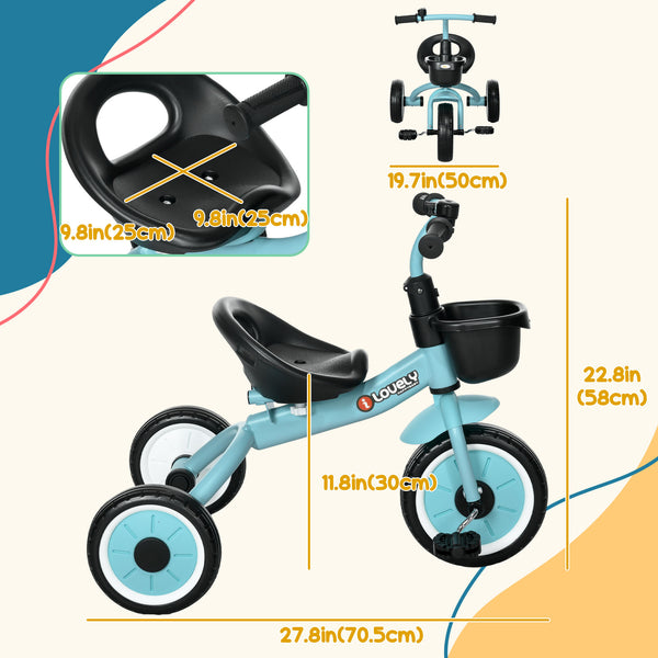 Tricycle avec siège réglable, panier, sonnette, bleu