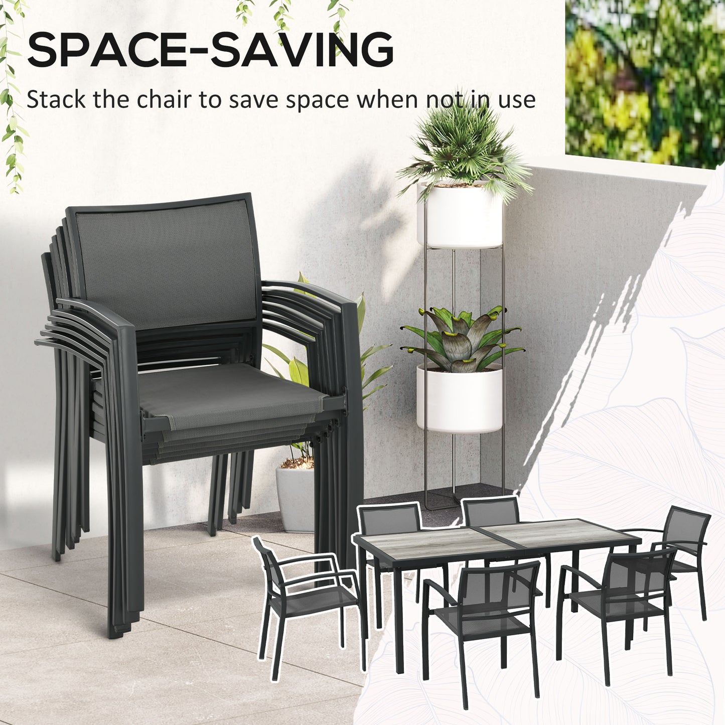 Outsunny 7 Piece Outdoor Dining Set with 6 Stackable Chairs, Patio Table and Chairs with Plastic Top and Breathable Mesh Backrest