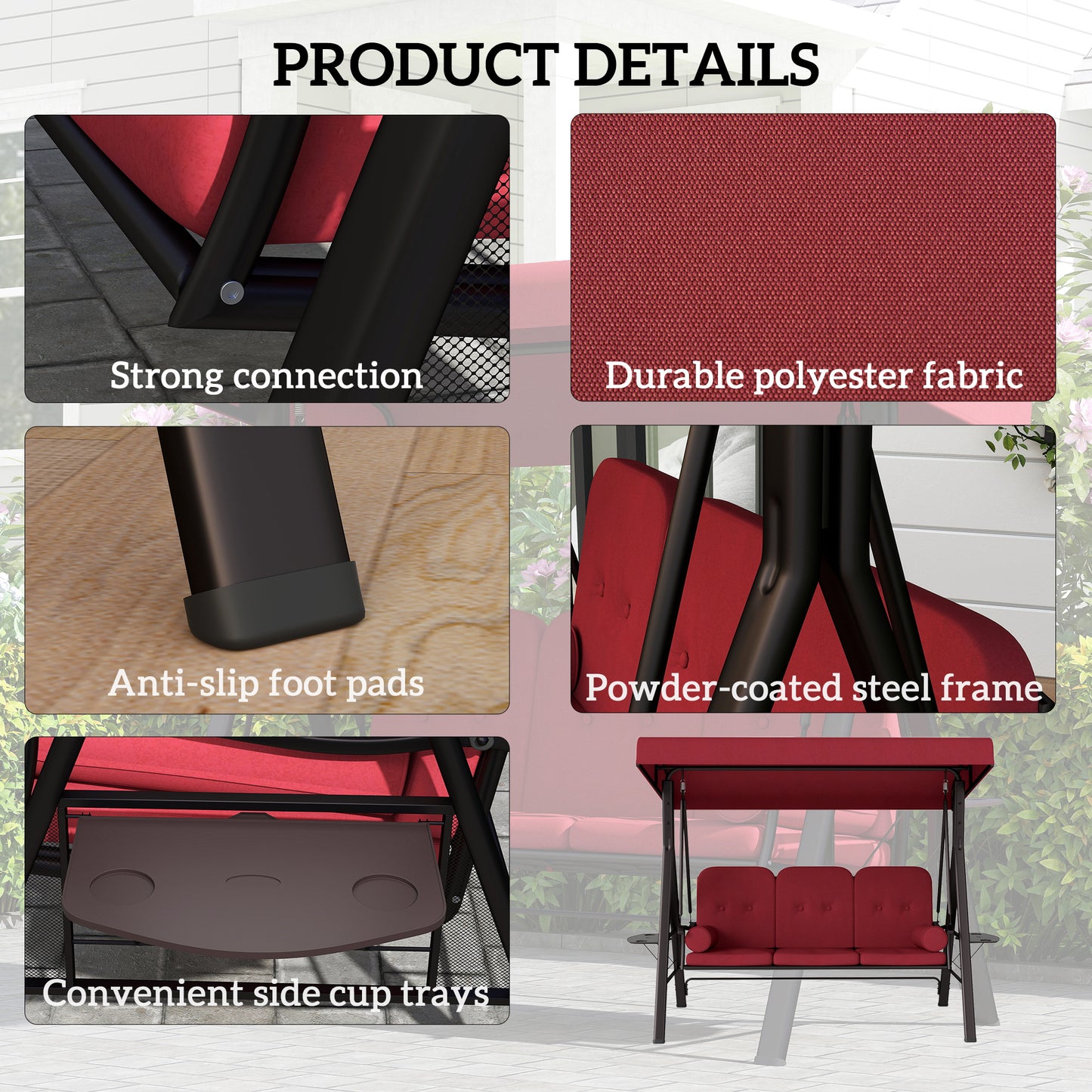 3 Person Outdoor Swing with Steel Canopy and Padded Seat, Wine Red