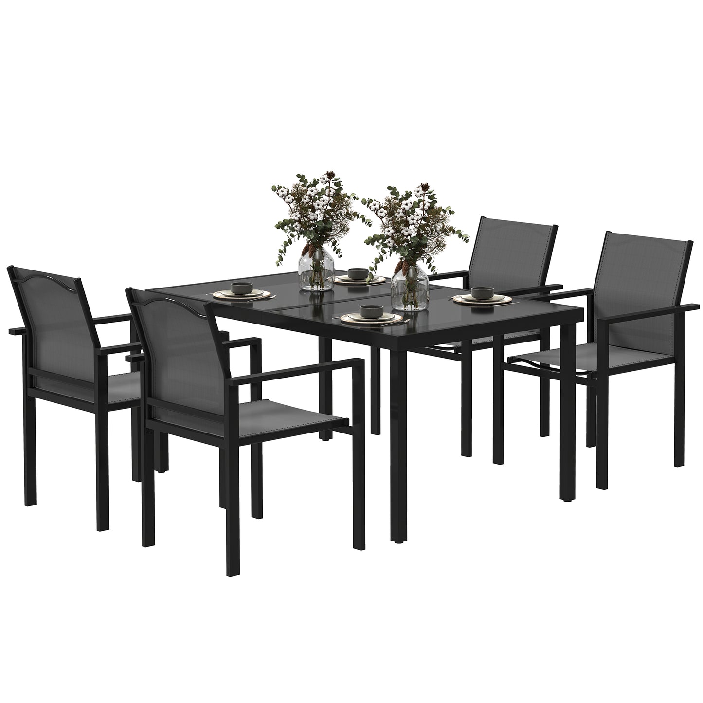 Outsunny 5-Piece Patio Dining Set with 4 Stackable Chairs, Tempered Glass Top and Rust-Proof Metal Frame