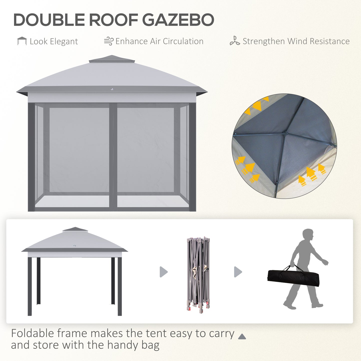 Gazebo pliant 11' x 11', tente pliable à double toit avec parois latérales en maille zippée, hauteur réglable et sac de transport, gris
