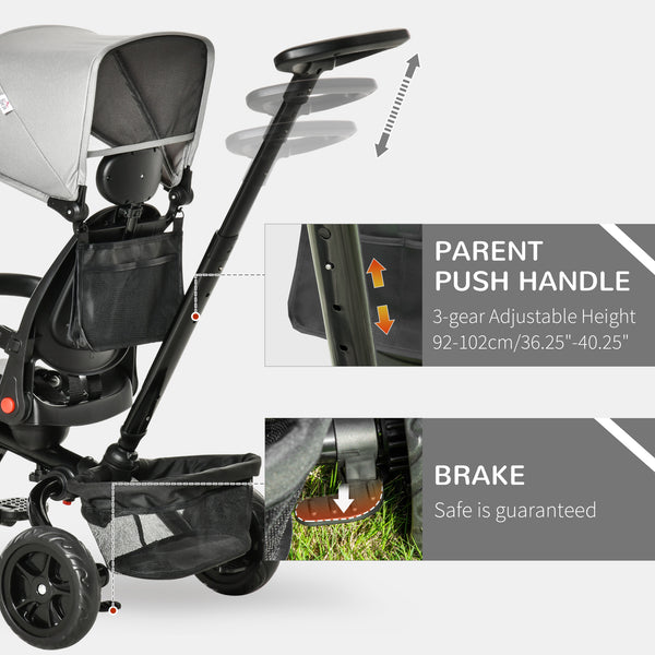 Tricycle 4 en 1 avec siège réglable et réversible, auvent et ceinture, gris