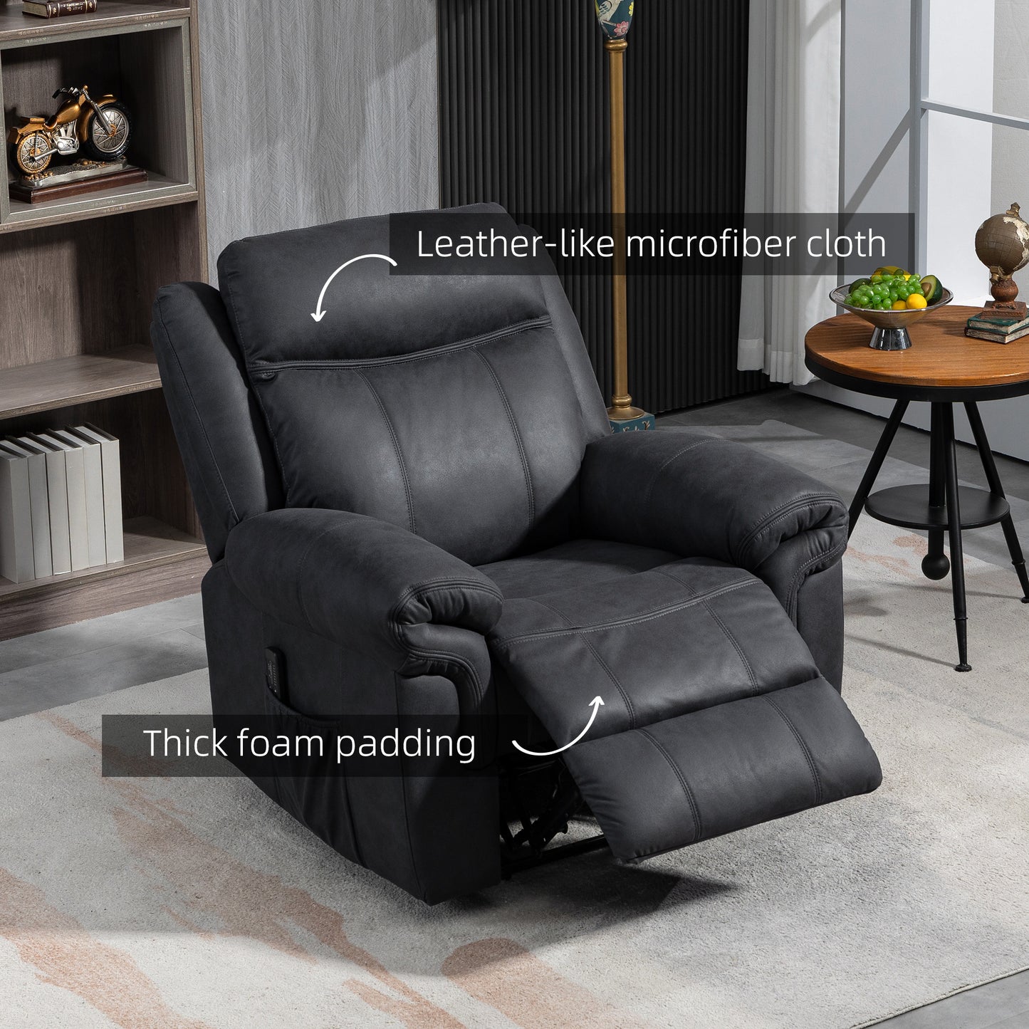 Fauteuil inclinable manuel avec massage par vibrations, poches latérales, fauteuil inclinable en microfibre, noir