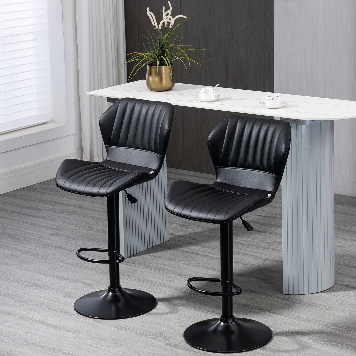 Set of 2 Adjustable PU Leather Swivel Stools with Chrome Base and Footrest, Black