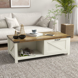Table basse industrielle avec tiroir et étagère de rangement, blanc et effet bois