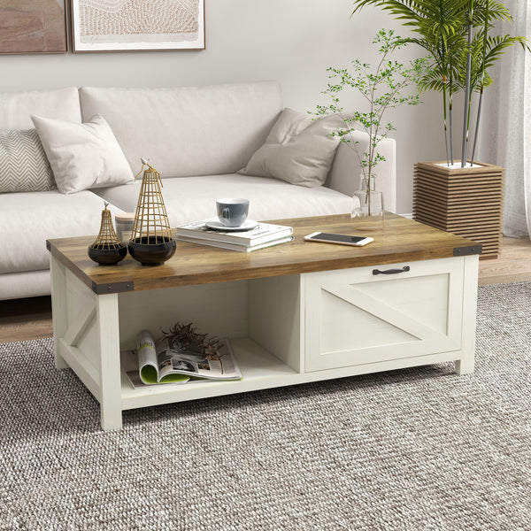 Table basse industrielle avec tiroir et étagère de rangement, blanc et effet bois