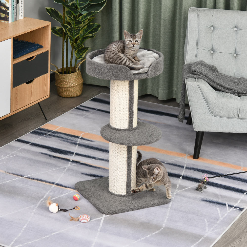 Arbre à chat avec tapis en sisal, griffoir, panier, coussin et perchoir, gris