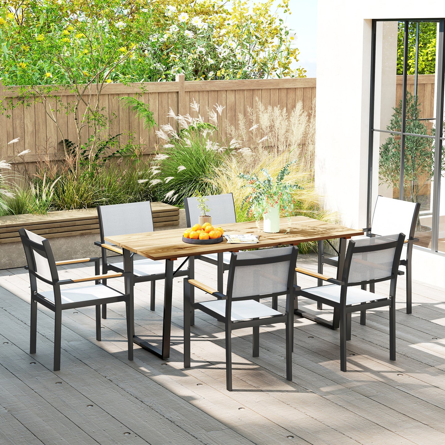 Table à manger d'extérieur en bois pour 6 personnes avec trou pour parasol, plateau à lattes, structure en métal