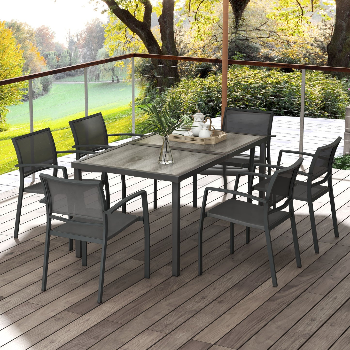 Outsunny 7 Piece Outdoor Dining Set with 6 Stackable Chairs, Patio Table and Chairs with Plastic Top and Breathable Mesh Backrest