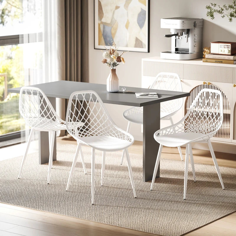 Lot de 4 chaises de salle à manger modernes en plastique avec dossier creux et pieds en métal, blanches