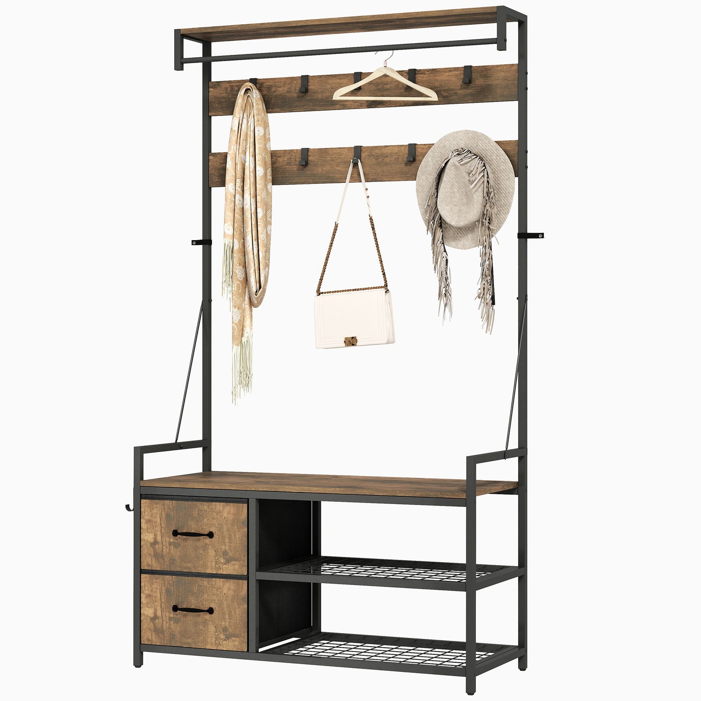 Meuble d'entrée 6 en 1 avec banc et rangement à chaussures, marron rustique