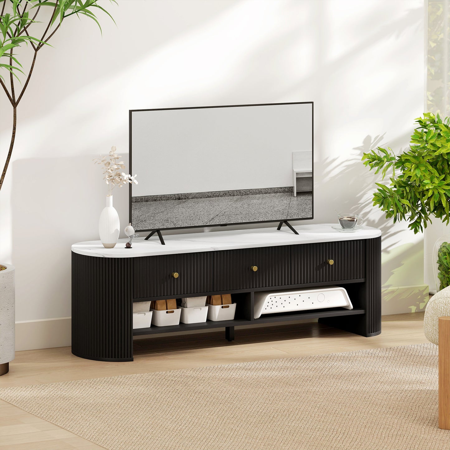 Meuble TV moderne avec plateau effet marbre, 3 tiroirs et 2 étagères ouvertes pour téléviseur de 32 à 65 pouces, noir