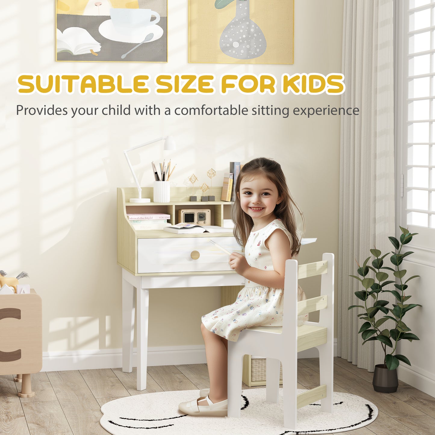 Ensemble bureau et chaises pour enfants, avec étagères de rangement et tiroir, de 3 à 10 ans, blanc