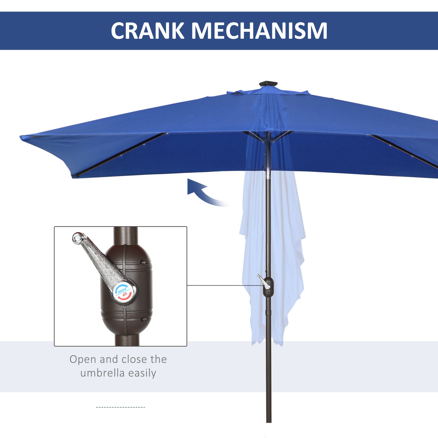 Parasol de terrasse rectangulaire 2 x 3 m, inclinable et solaire, en aluminium, avec manivelle et LED (bleu foncé)