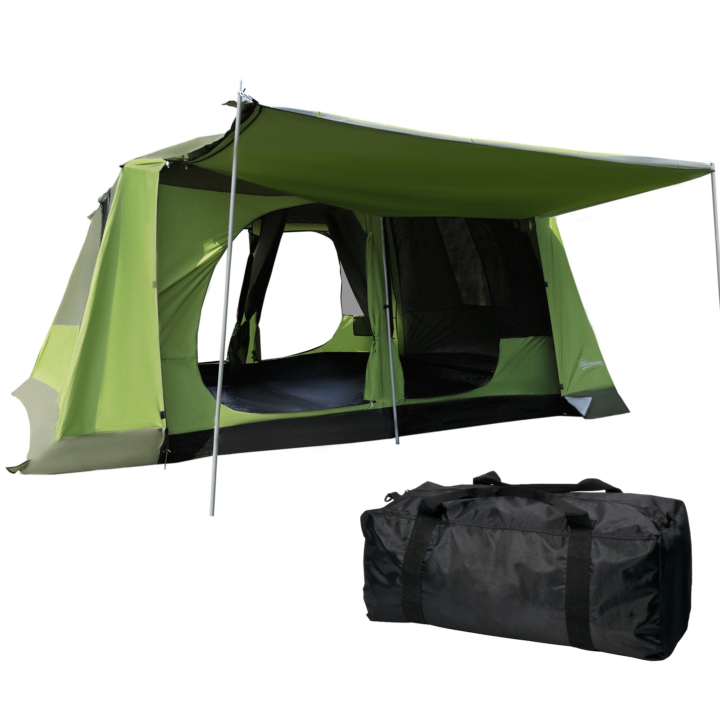 Outsunny Tunnel Tent with Porch, Two Rooms, Lamp Hook, Portable Carry Bag, Green