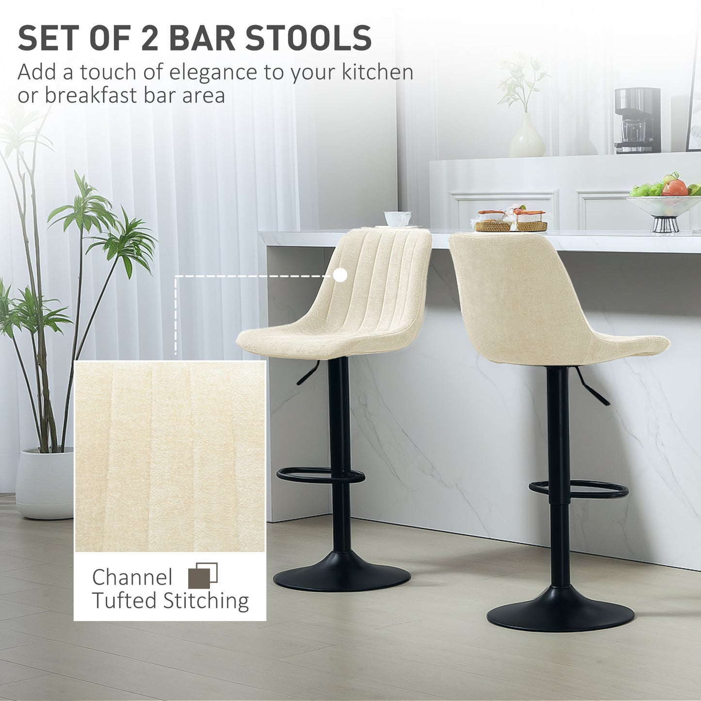 Set of 2 Adjustable Swivel Bar Stools with Backrest and Footrest, Beige