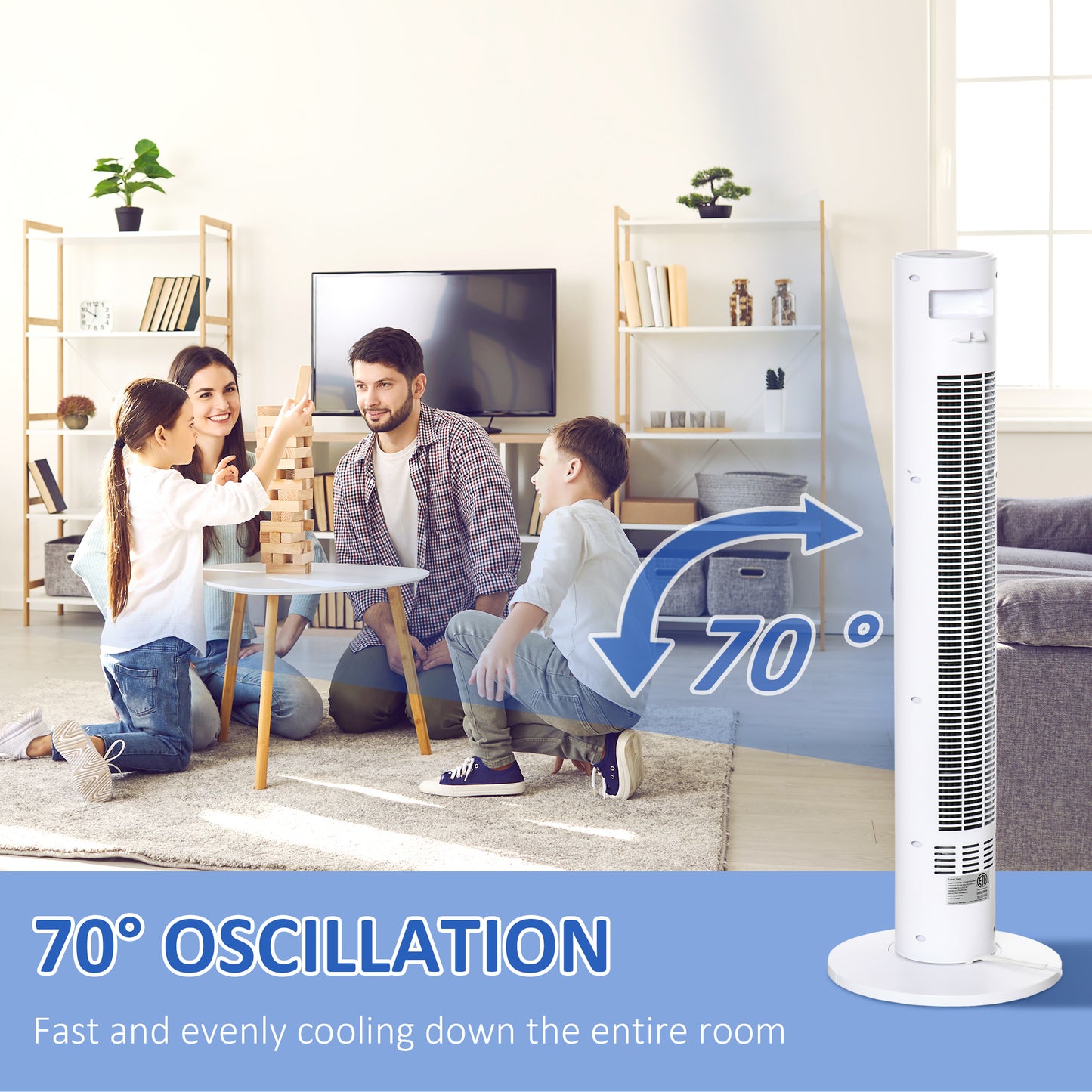 Ventilateur tour autonome avec 3 vitesses, minuterie 12 h, oscillant, panneau de capteur LED, télécommande, blanc