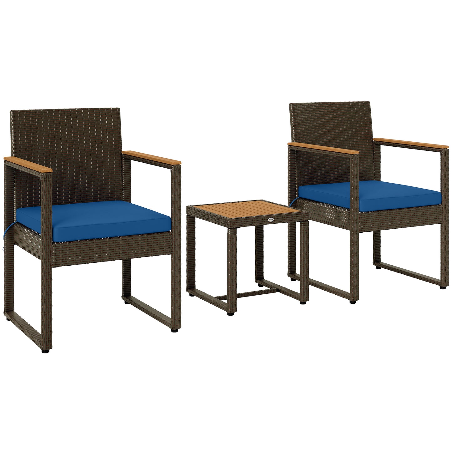 Outsunny 3 Piece Wicker Garden Furniture Set, Rattan Bistro Set with Acacia Wood Table and Removable Cushions, Dark Blue