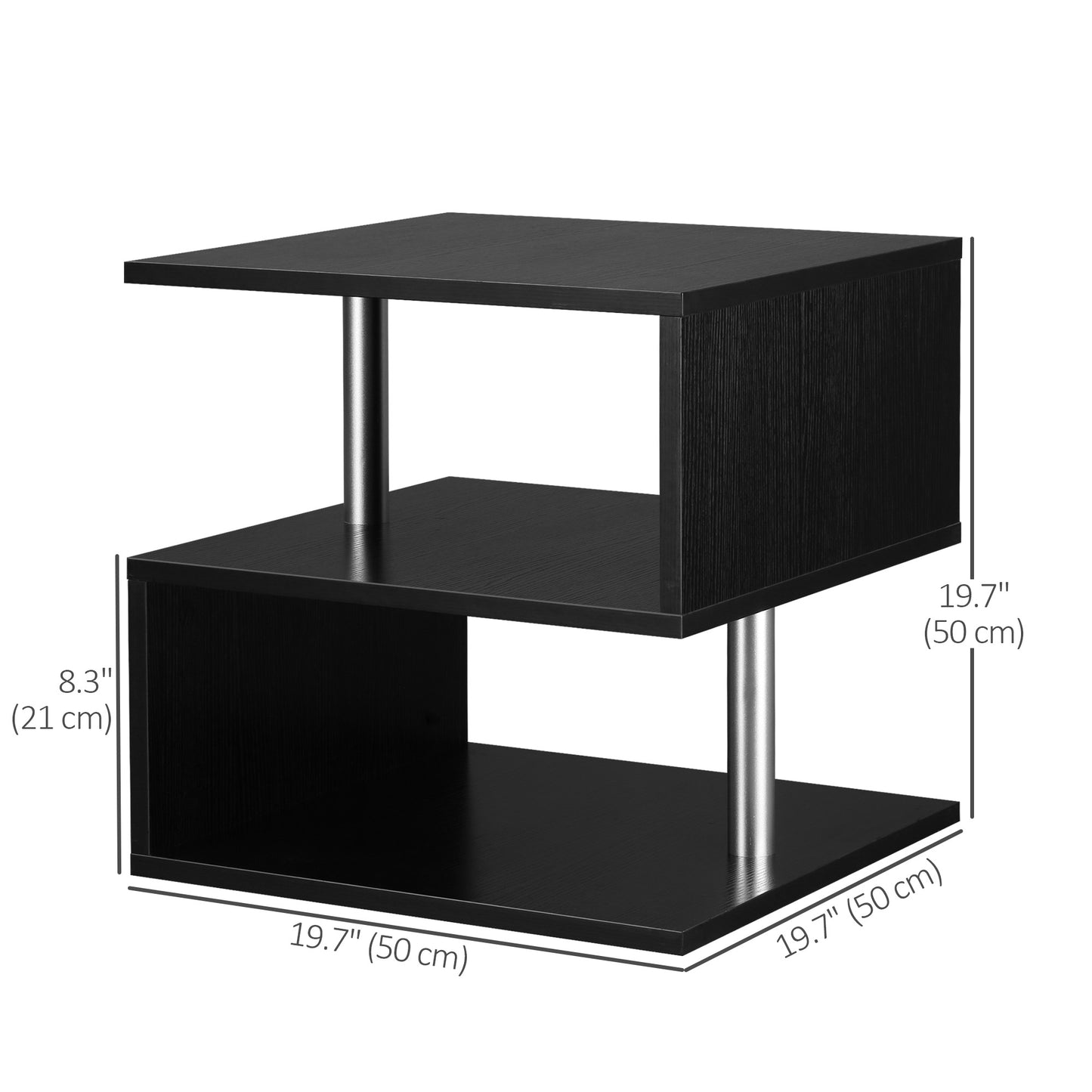 Table d'appoint en bois en forme de S avec 3 étagères de rangement, noir
