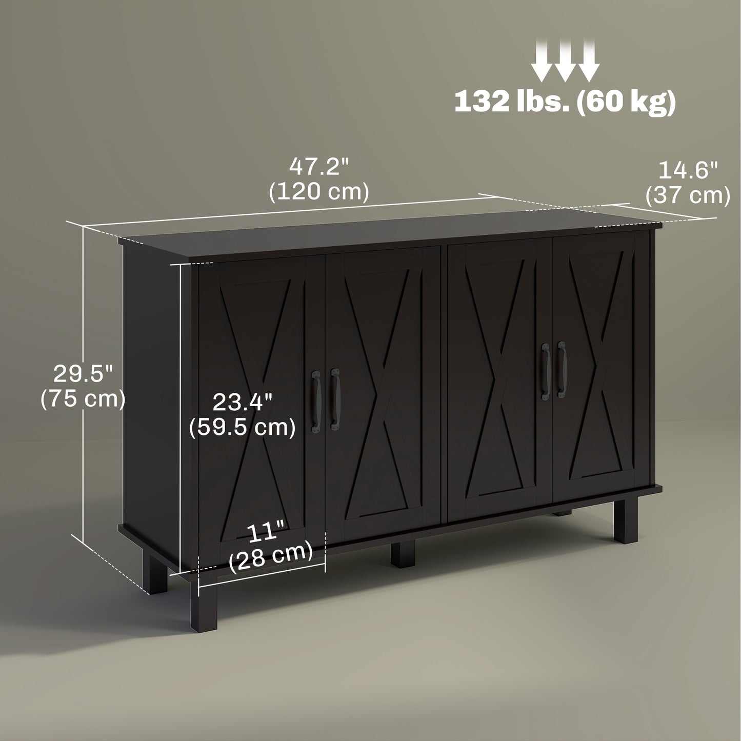 Buffet de cuisine avec 4 portes de grange et 2 étagères réglables, noir