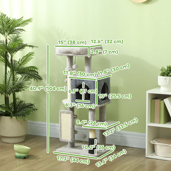 Arbre à chat de 104 cm avec griffoirs, panier, niche, brosse de toilettage