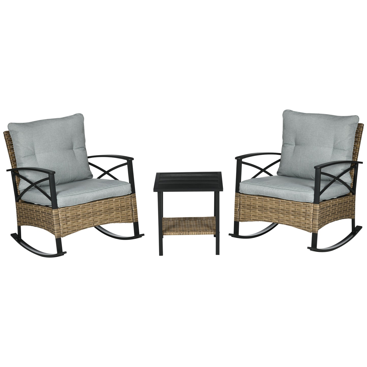 Ensemble de 3 chaises à bascule en rotin synthétique avec table à deux niveaux et coussins rembourrés, gris