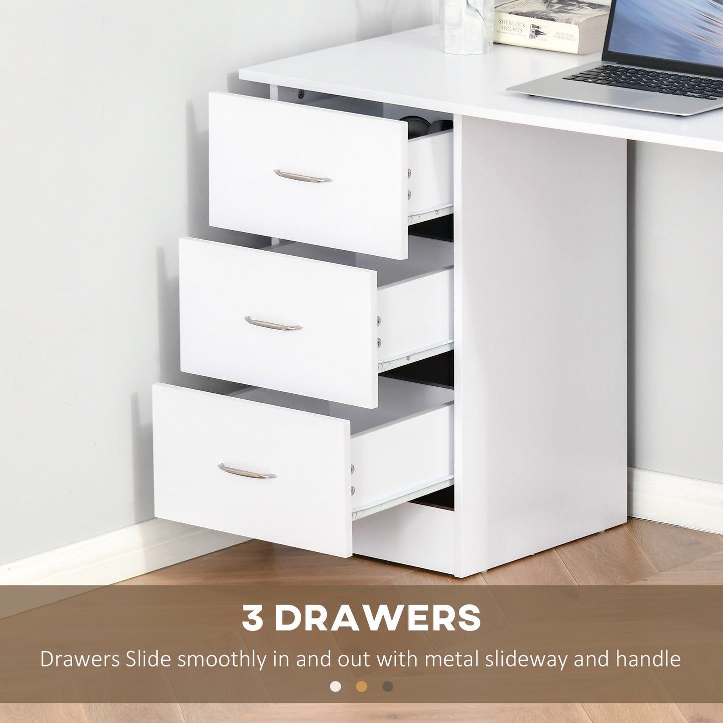 Bureau 47 pouces avec étagères de rangement à 3 niveaux, blanc