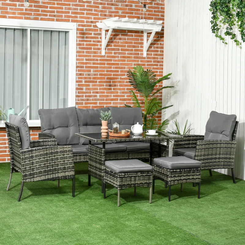 Ensemble de meubles de jardin 6 pièces gris incluant canapé, chaises, poufs, table avec plateau en verre et coussins, idéal pour espace extérieur moderne