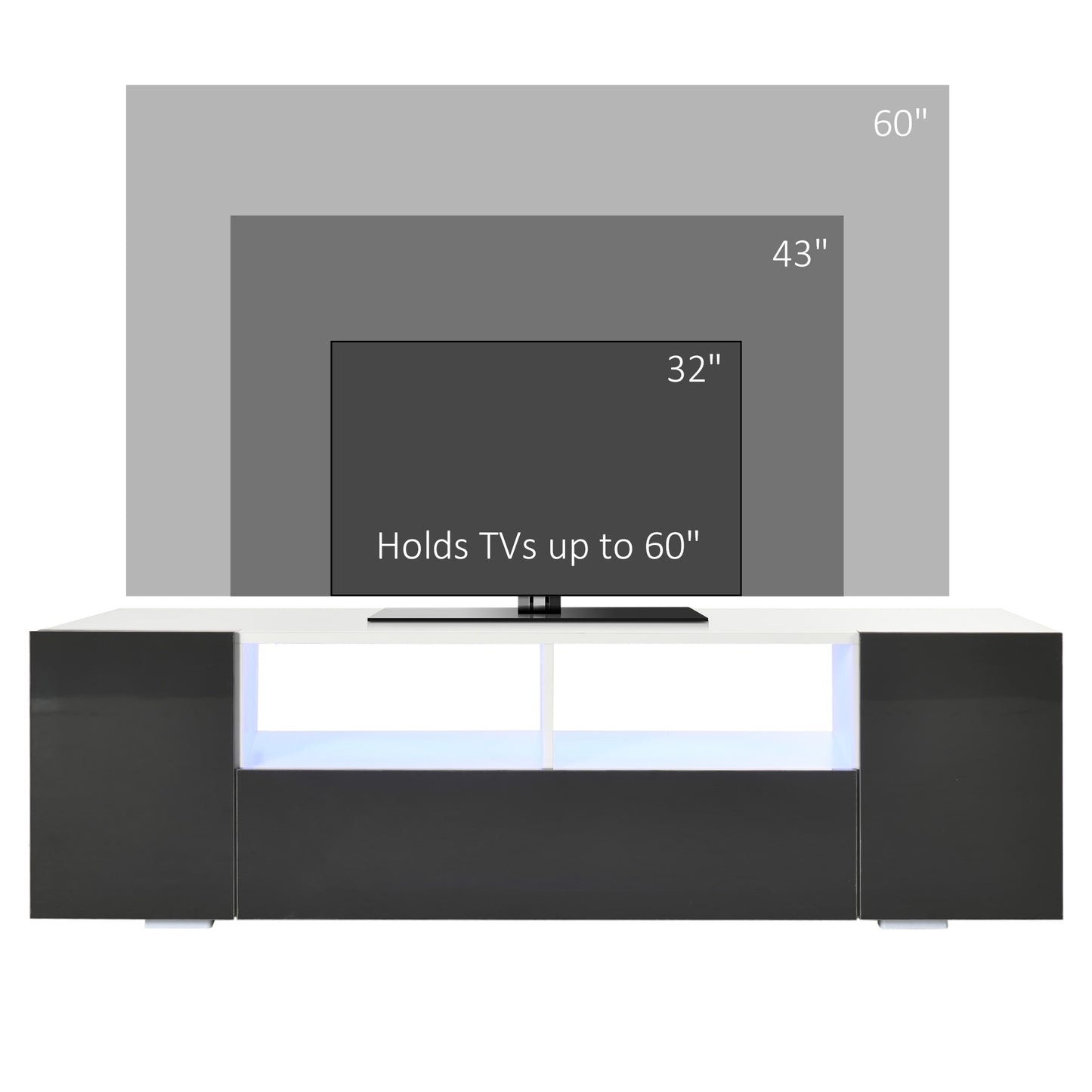 HOMCOM TV Stand for TVs up to 60 inches, with LED Lighting, Shelves and Storage Cupboards, 53.9 inches x 13.8 inches x 16.5 inches, Gray