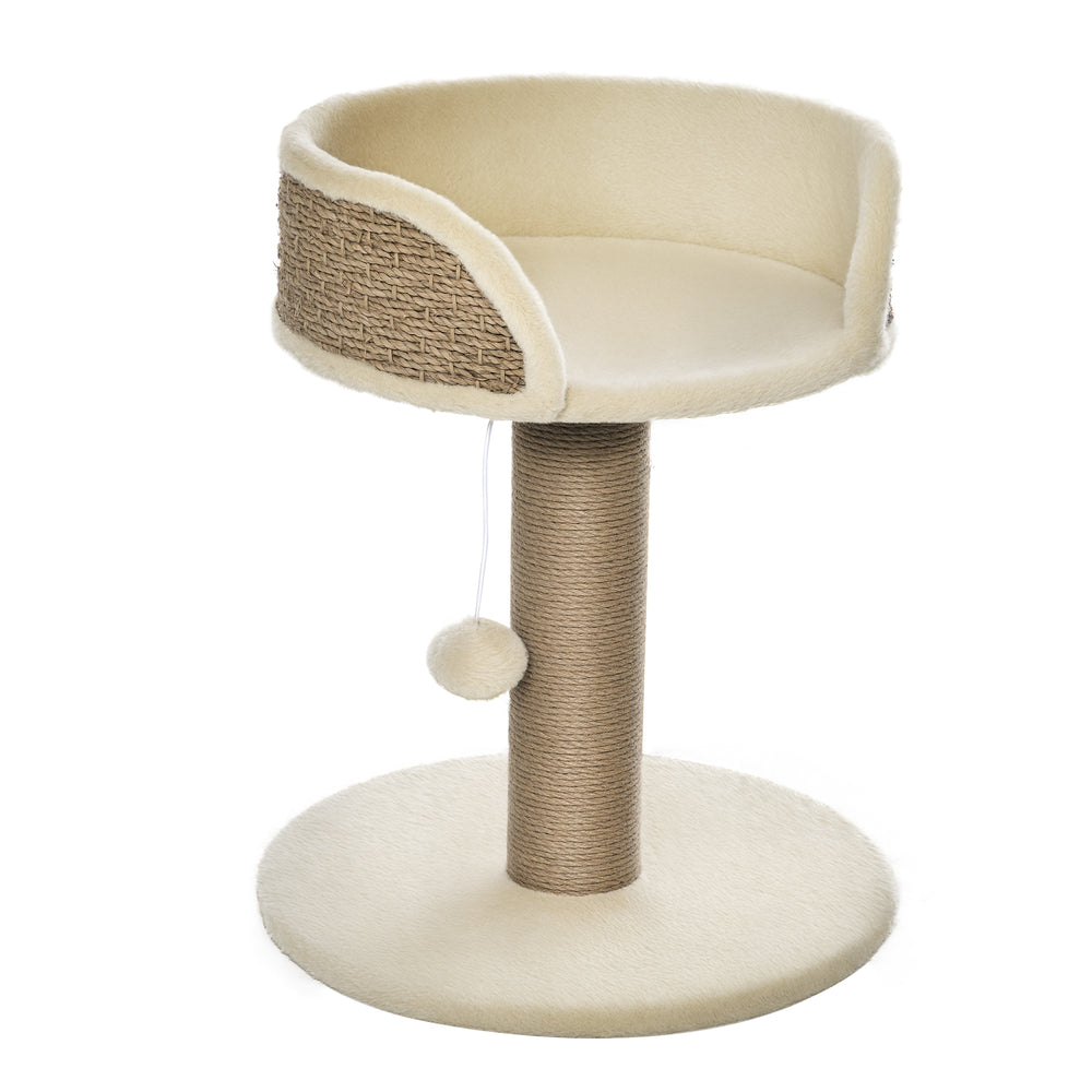 Cat tree with scratching post, play ball, perch and small tower, beige