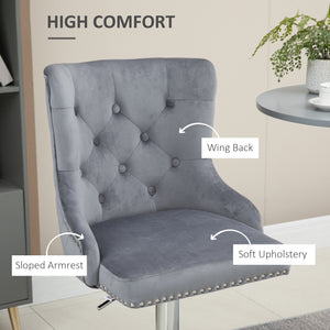 Set of 2 Modern Adjustable Bar Stools, Velvet, Counter Height, Tufted Back, Footrest, Grey