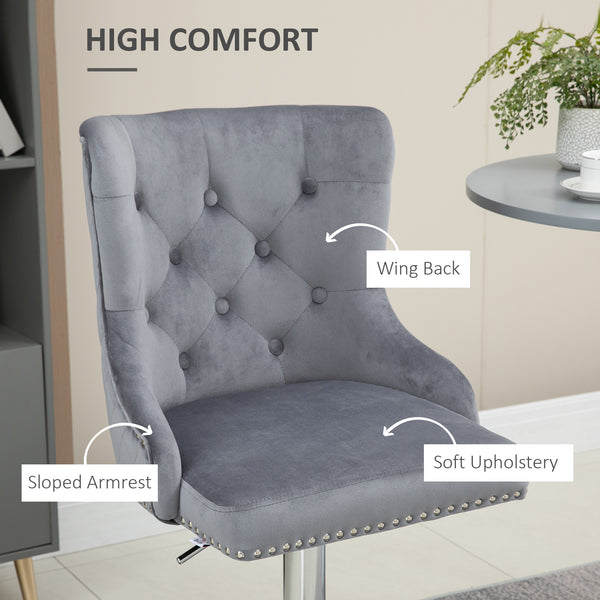 Set of 2 Modern Adjustable Bar Stools, Velvet, Counter Height, Tufted Back, Footrest, Grey