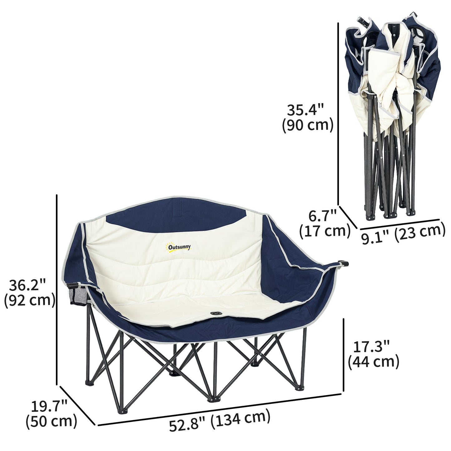 Outsunny Portable Camping Chair, Double Camping Chair with Cup Holders and Carry Bag, Load Capacity: 250kg, Navy Blue