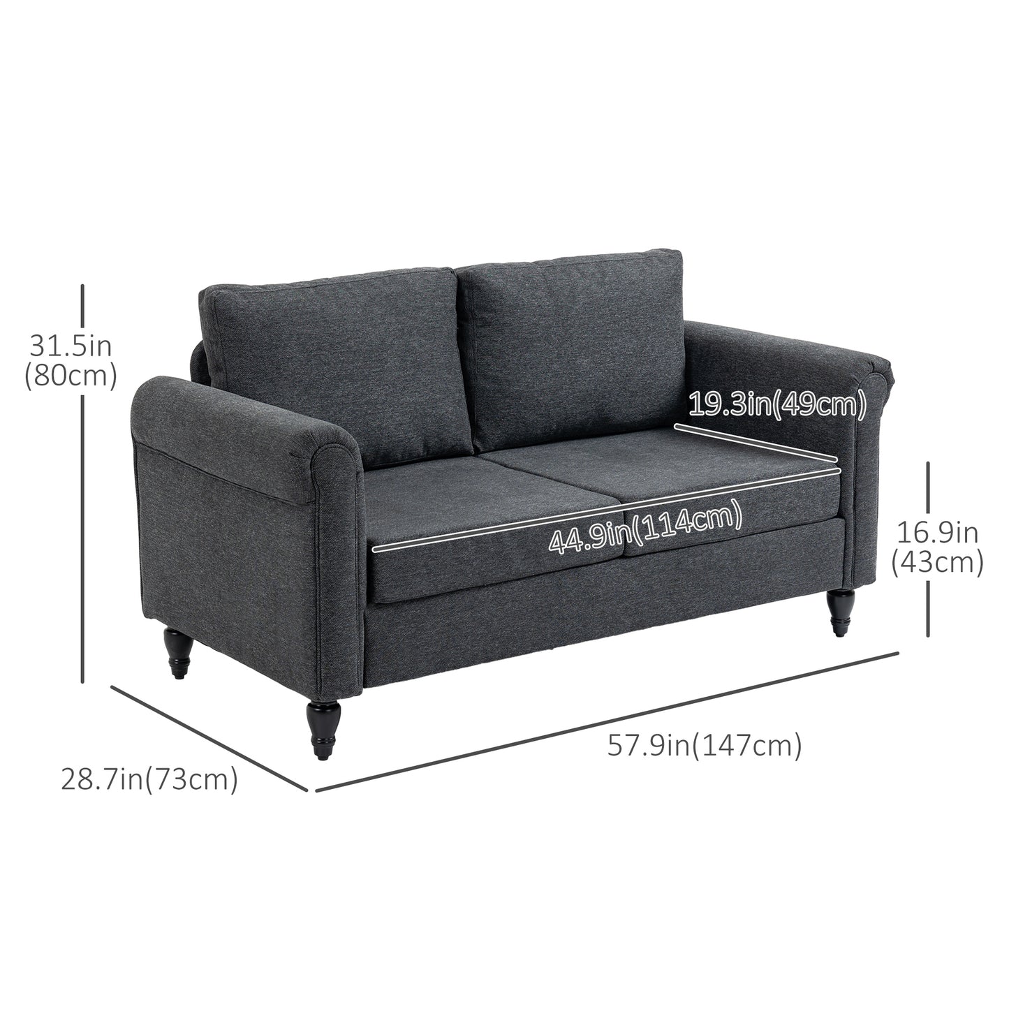 Vintage 2-seater upholstered sofa, chenille fabric, rolled armrests, rubberwood legs, dark grey