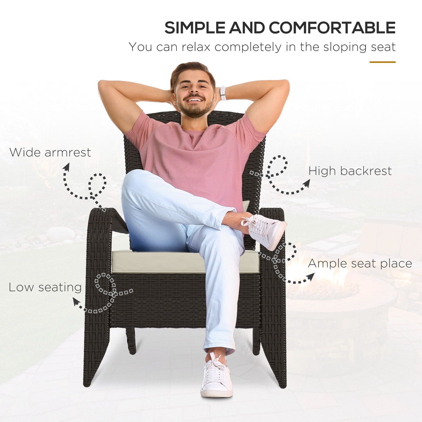 Chaise Adirondack en rotin avec coussins pour patio, kaki