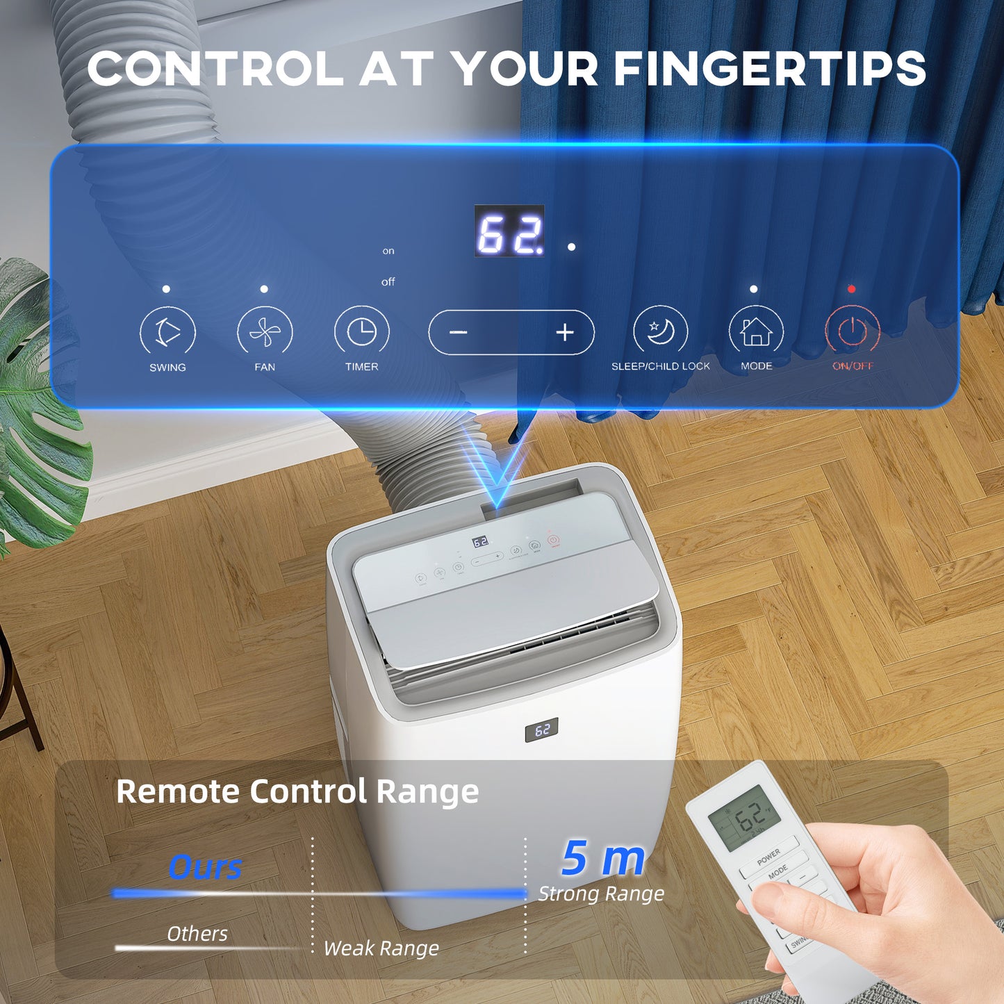 Climatiseur portatif de 14 000 BTU, climatisation avec refroidissement, déshumidificateur, ventilateur