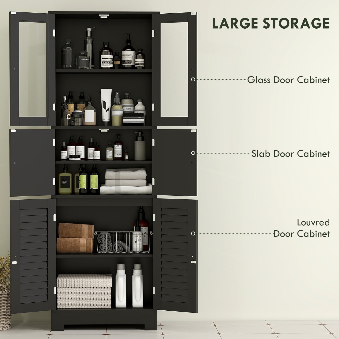 Freestanding bathroom cabinet with glass doors, black