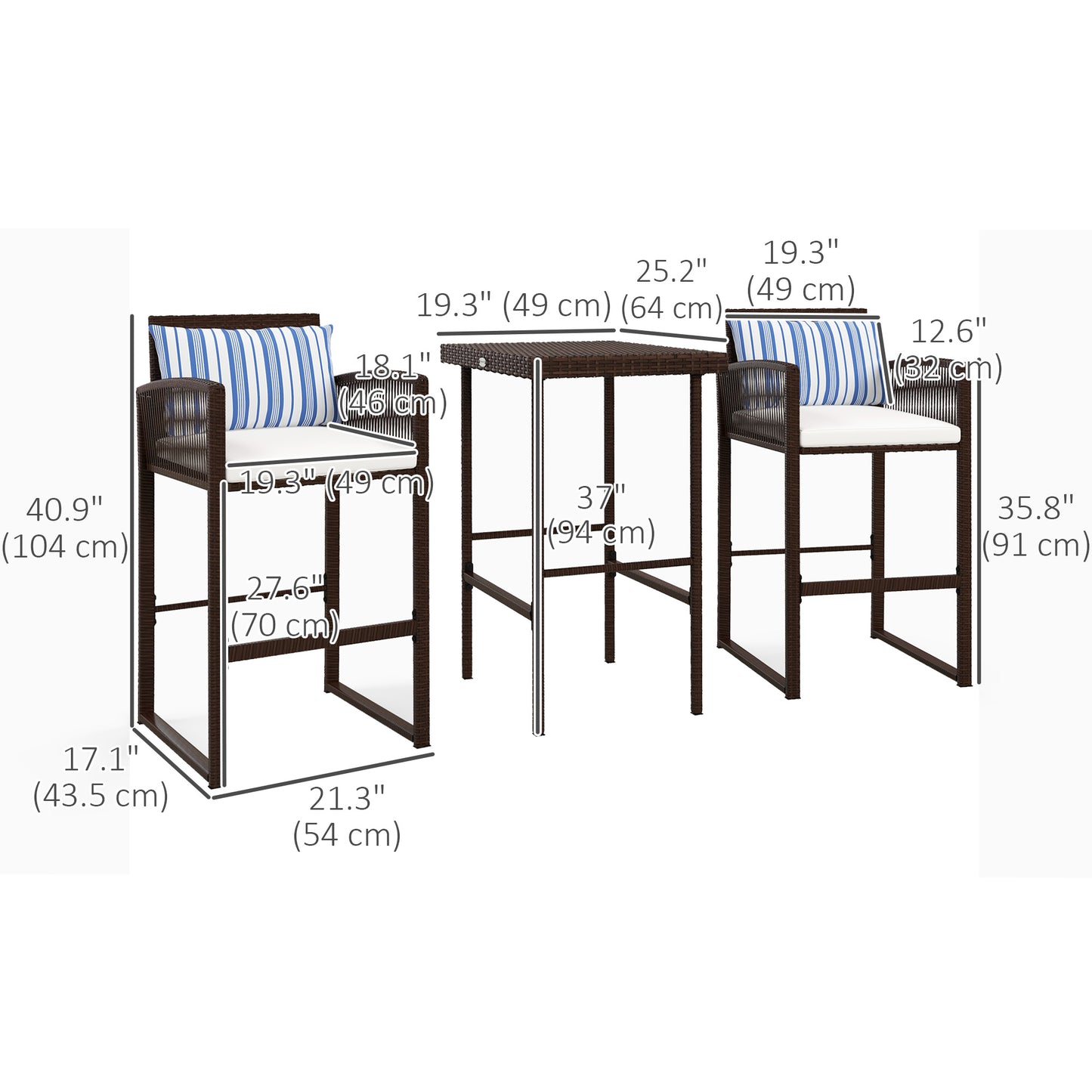 Ensemble de bar 3 pièces en osier, table et chaises de bar avec coussins,
