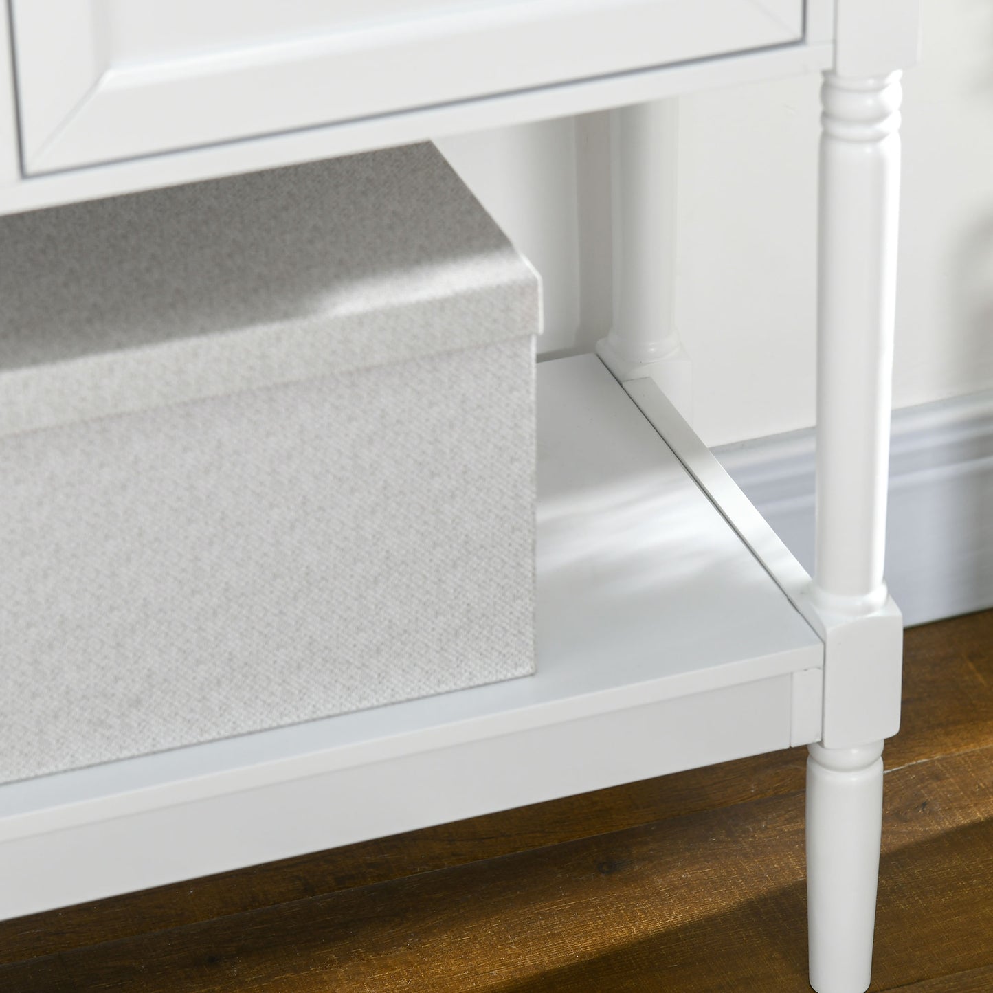 Console vintage avec 2 tiroirs et rangements, blanche