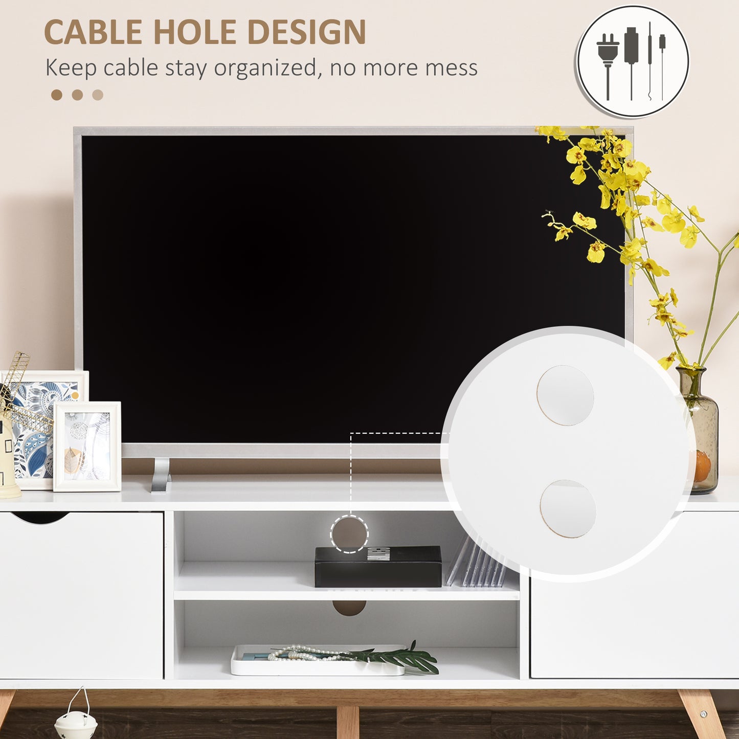Meuble TV moderne en bois avec 2 tiroirs de rangement pour téléviseurs jusqu'à 65 pouces, blanc