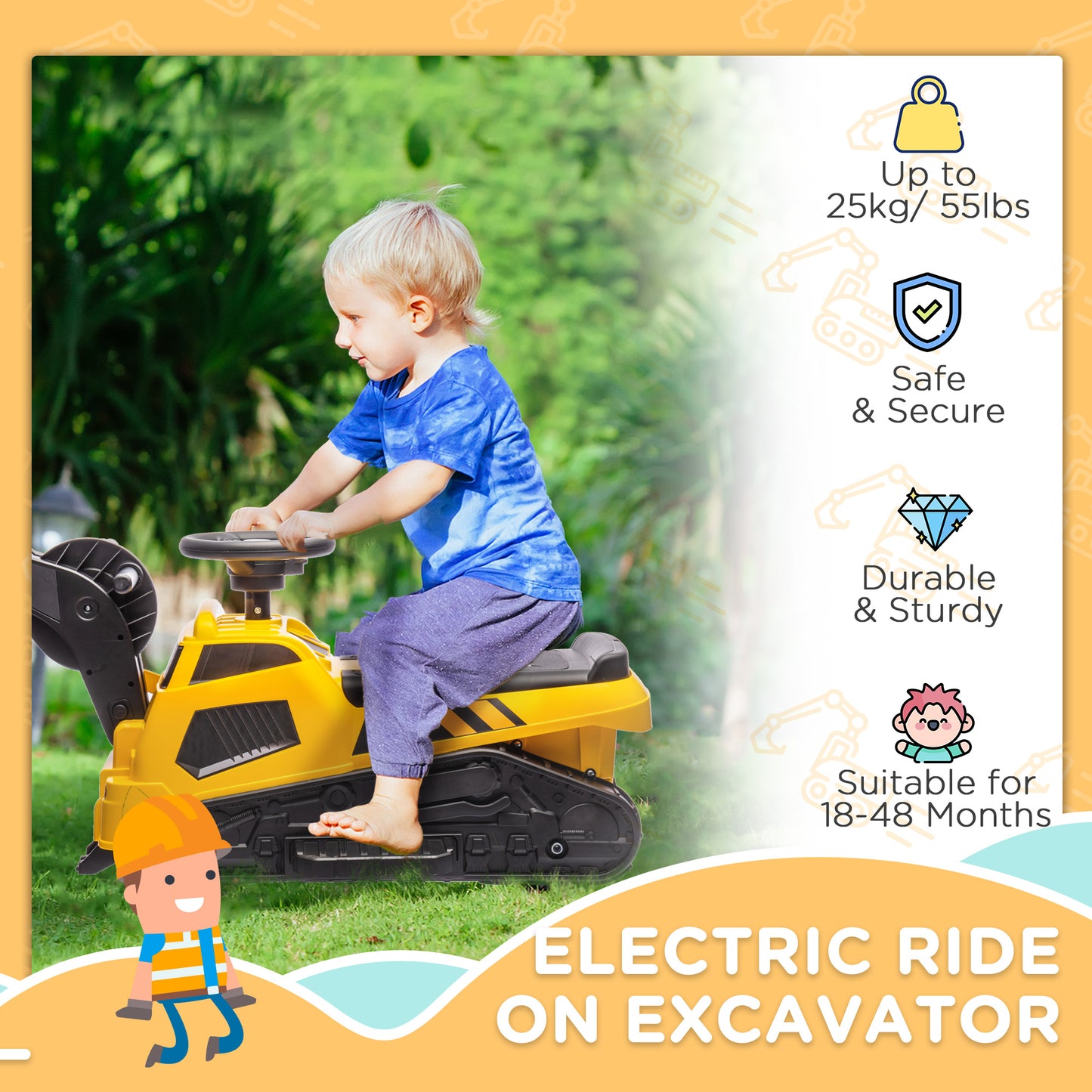 6V Electric Ride-On Tractor, 3-in-1 Electric Ride-On Excavator, Bulldozer, for 18-48 Months - Yellow